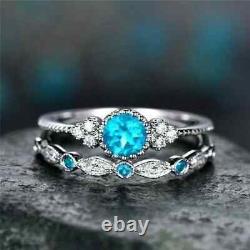 Engagement Bridal Set 2Ct Round Cut Lab-Created Blue Topaz 14K White Gold Plated