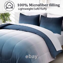 Gradient Blue Queen Comforter Set 7 Pieces Ombre Navy Blue White Microfiber Be