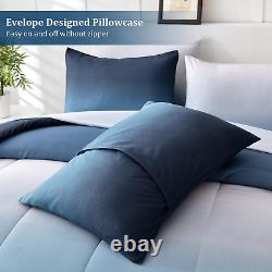Gradient Blue Queen Comforter Set 7 Pieces Ombre Navy Blue White Microfiber Be