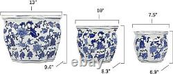 International Blue & White Round Fluted Floral Pot Set of 3 (7.5, 10, 13)