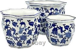International Blue & White Round Fluted Floral Pot Set of 3 (7.5, 10, 13)