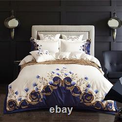 King Queen size Embroidered White Blue Luxury Bedding set 60S EgyptianCotton