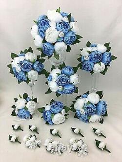Light Blue/White Peony Artificial Silk Flowers Wedding Bouquet Set cintahomedeco
