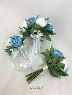 Light Blue/White Peony Artificial Silk Flowers Wedding Bouquet Set cintahomedeco