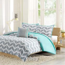 Modern Contemporary Blue White Aqua Teal Grey Chevron Stripe Soft Comforter Set