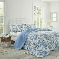 New! Cozy Cottage Shabby Country Soft Light Blue White Floral Leaf Quilt Set