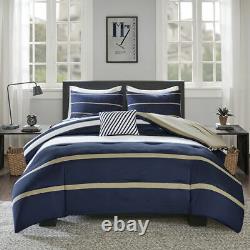 New! Cozy Modern Blue Navy White Tan Stripe Nautical Beach Sport Comforter Set