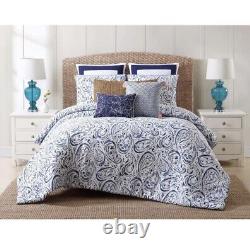 Oceanfront Resort Comforter Set 3Pcs Cotton Chain Stitch Pattern Blue/White King