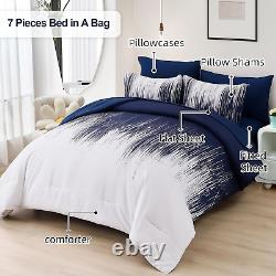 Ombre Blue Comforter Set King Size Gradient Navy Blue White Boho Bedding Set for