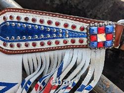 Patriotic Red White Blue Headstall, Reins Fringed Breastcollar Set with Stars