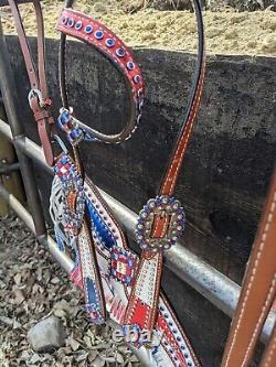 Patriotic Red White Blue Headstall, Reins Fringed Breastcollar Set with Stars
