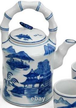Porcelain Tea Set Blue and White Landscape Design Handcrafted in Mainland China