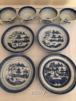 Qing Dynasty blue and white landscape pavilion pattern cup and plate set of four