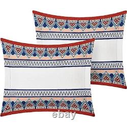Queen size 4 Piece Cotton Blue White Boho Geometric Reversible Quilt Set