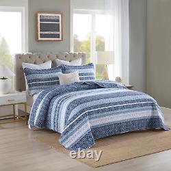 Quilt King Size -Comforter King Quilt Bedding Set, Navy Blue White Striped Quilte