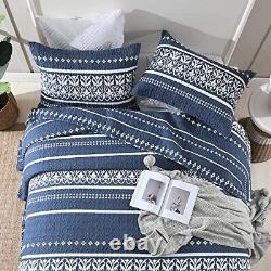 Quilt Set 100% Cotton Boho Striped Quilt, Navy Blue Quilt King Navy Blue White