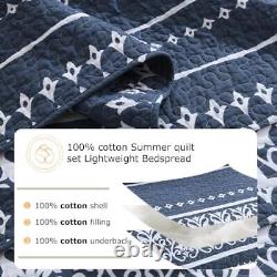 Quilt Set 100% Cotton Boho Striped Quilt, Navy Blue Quilt King Navy Blue White