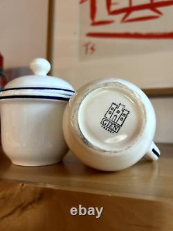 RARE SET! Gien France Porcelain Creamer & Sugar Bowl MCM White with Blue Band