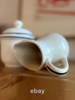 RARE SET! Gien France Porcelain Creamer & Sugar Bowl MCM White with Blue Band