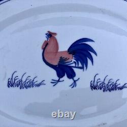 SET (8) Chinese ROOSTER 14 Oval Dinner Plates Blue & White Ceramic Stoneware