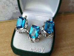 SET Vintage earrings Ring blue white stones SILVER 925 Ukraine Size 10