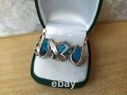 SET Vintage earrings Ring blue white stones SILVER 925 Ukraine Size 10