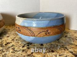 STUNNING 3 Piece Glazed Art Pottery Nesting Bowl Set Blue / White / Brown