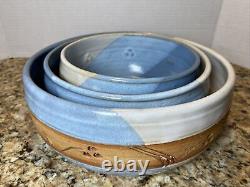 STUNNING 3 Piece Glazed Art Pottery Nesting Bowl Set Blue / White / Brown