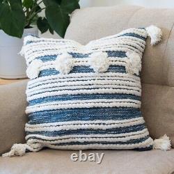 Set/2 Blue & White Accent Pillows withHand Tied Tassels Pom Poms & Fringe NEW