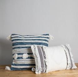 Set/2 Blue & White Accent Pillows withHand Tied Tassels Pom Poms & Fringe NEW