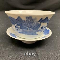Set Of 3 Asian Blue And White Ceramic Bowls And Saucers