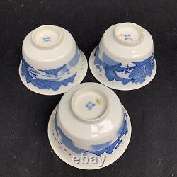 Set Of 3 Asian Blue And White Ceramic Bowls And Saucers