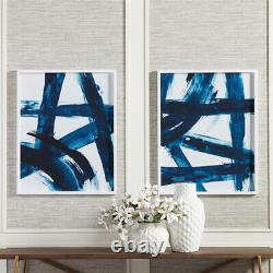 Set of 2 Abstract Linear Modern Blue White Prints Indigo Navy 30 inch Large
