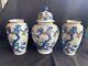 Set Of 3 Fine Antique Chinese Blue White Prunus Blossom Bottle Mantle Vases