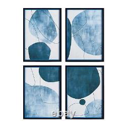 Set of 4 Modern Blue White Circles Shapes Prints Graphic Abstract Black Frame