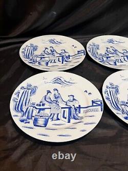 Set of 6 RARE Blue & White Hand Painted Geisha Dinner Plates 10