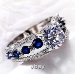 Sparkle Prong Set Lab-Created White Diamonds & Blue Sapphires Wedding Royal Ring