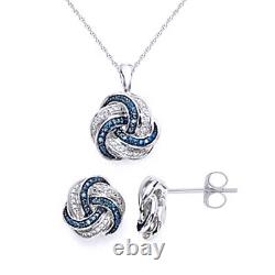 Sterling. 10ct Blue & White Diamond Love Knot Earrings & Necklace Jewelry Set