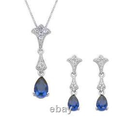 Sterling Silver Pear-Shaped Blue & White Sapphire Pendant & Earrings Set
