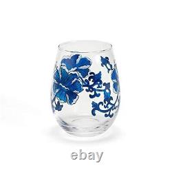 Two's Company Blue and White Flower Set of 4 Hand-Painted Stemless Blue/White
