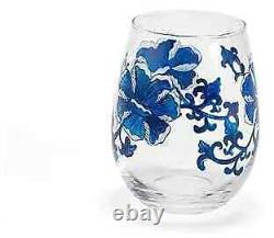Two's Company Blue and White Flower Set of 4 Hand-Painted Stemless Blue/White