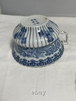 Vintage Asian Porcelain Bone China Blue White Teacup Saucer Set