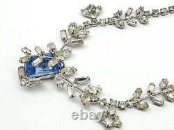 Vintage Sliver Tone Aquamarine Blue Ans White Crystal Necklace Earrings Set