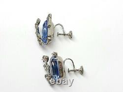 Vintage Sliver Tone Aquamarine Blue Ans White Crystal Necklace Earrings Set