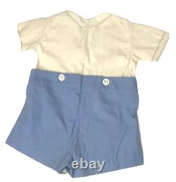 Vtg Baby Infant Shirt Shorts Knit Hat Set Outfit Blue White Button Embroidered