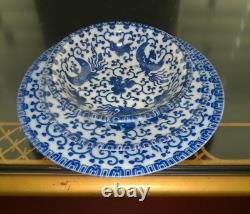 Vtg Japan 18 Pc Flow Blue & White Bird & Floral Design Bowls B&B & Salad Set