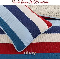 Waylon Navy Blue Green White Striped 100% Cotton Reversible Bedding Quilt Set, C