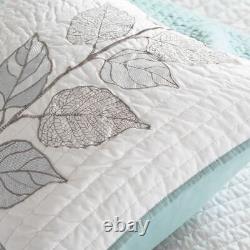 White Blue Beige Embroidery Leaves 6 pc Quilt Set Coverlet Queen King Bedding