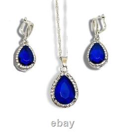 White Gold Finish Pear Cut Blue Sapphire Ring Earrings Necklace Gift Set Boxed