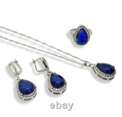 White Gold Finish Pear Cut Blue Sapphire Ring Earrings Necklace Gift Set Boxed